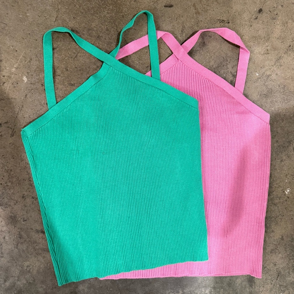 Green and Pink Women's Knit Ribbed Tank Tops